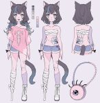  1girl :d absurdres amputee animal_ears bandaged_leg bandages bandaid bandaid_on_cheek bandaid_on_face bandaid_on_knee bandaid_on_leg bandaid_on_thigh blood blue_blood blue_eyes blue_hair blue_shorts boots breasts brown_hair cat_ears cat_girl cat_tail chest_sarashi closed_mouth denim denim_shorts frown gauze gradient_hair gradient_tail grey_hair highres jikuno long_hair multicolored_hair notched_ear off_shoulder open_mouth original patchwork_skin pink_shirt sarashi shirt short_hair short_shorts short_sleeves shorts small_breasts smile stitched_arm stitched_hand stitched_leg stitched_neck stitched_torso stitches tail two-tone_eyes white_footwear wristband yellow_eyes zombie 