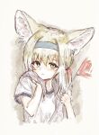  1girl alternate_costume animal_ear_fluff animal_ears arknights blonde_hair blue_hairband blue_trim blush flag fox_ears fox_girl green_eyes hair_between_eyes hair_ribbon hairband highres holding holding_flag mashiro_(mashilolicon) medium_hair multicolored_hair parted_lips red_ribbon ribbon shirt short_sleeves solo suzuran_(arknights) twintails two-tone_hair upper_body white_hair white_shirt wiping_face 