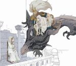  1girl 2boys absurdres animal brother_and_sister brothers brown_scarf carrying carrying_person carrying_under_arm chair child company_captain_yorshka covered_mouth crown dark_souls_(series) dark_souls_i dark_sun_gwyndolin dragon dragon_girl dragon_riding dragon_tail dress gold_bracelet grey_dress grey_hair hand_up highres long_hair multiple_boys nameless_king pointy_ears scarf siblings snake tail veil white_background zunkome 