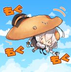  1girl :t a.i._voice absurdres black_headwear black_skirt blue_sky braid breasts brown_eyes cabbie_hat chibi clenched_hand closed_mouth cloud commentary_request day eating food food_on_face food_request grey_hair hair_between_eyes hat hat_removed headwear_removed highres kizuna_akari kizuna_akari_(a.i._voice) large_breasts long_hair long_sleeves low_twintails milkpanda outdoors pointing puffy_long_sleeves puffy_sleeves shirt skirt sky sleeves_past_wrists solid_oval_eyes solo sweat translation_request twin_braids twintails very_long_hair voiceroid wavy_mouth white_shirt 