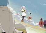 2girls 3boys absurdres arms_behind_back black_pantyhose blonde_hair blue_hair blue_sky blurry blurry_foreground brown_footwear capelet cloud cloudy_sky day dress eisen_(sousou_no_frieren) elf fern_(sousou_no_frieren) frieren green_eyes highres himmel_(sousou_no_frieren) holding holding_staff long_hair long_sleeves multiple_boys multiple_girls orange_hair pantyhose parted_bangs pointy_ears purple_hair renxzd short_dress sidelocks sky solo_focus sousou_no_frieren staff standing stark_(sousou_no_frieren) thick_eyebrows twintails very_long_hair white_capelet white_dress 
