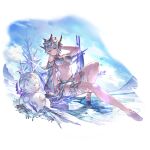  1girl barefoot bikini blue_hair bracelet breasts cloud earrings full_body gem granblue_fantasy hair_ornament holding holding_staff ice jewelry macula_marius minaba_hideo official_art purple_eyes snowflakes snowman soaking_feet staff swimsuit thighlet third-party_source tiara water 