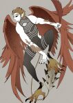  1boy absurdres bird_legs bird_tail black_bodysuit black_sclera body_fur bodysuit boku_no_hero_academia colored_sclera facial_hair feathers full_body furanko23 harpy_boy hawks_(boku_no_hero_academia) highres large_ears large_feet looking_to_the_side male_focus monster_boy monsterification pointy_ears profile red_feathers red_wings short_hair sleeveless sleeveless_bodysuit solo stubble tail talons toned toned_male wings 
