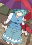  1girl arm_support bad_feet barefoot breasts dutch_angle from_above heterochromia highres holding holding_umbrella juliet_sleeves kakone long_sleeves looking_at_viewer medium_breasts puffy_sleeves solo tatara_kogasa toes touhou umbrella upturned_eyes v-shaped_eyebrows wooden_floor 