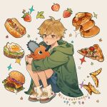  1boy :d :o aged_down ahoge blonde_hair blue_shorts blush boots bread bread_slice brown_eyes burger butter chainsaw_man commentary denji_(chainsaw_man) egg_(food) english_commentary fangs food fried_egg fried_egg_on_toast fruit green_jacket hair_between_eyes highres hood hood_down hooded_jacket hot_dog jacket leaf lettuce long_sleeves looking_at_viewer male_focus misu_025 onion open_clothes open_jacket open_mouth pancake pizza pizza_slice pochita_(chainsaw_man) potato_wedges shirt short_hair shorts simple_background smile star_(symbol) strawberry syrup tomato tomato_slice white_background white_footwear white_shirt 