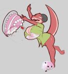  anthro big_breasts breasts cake clothing curved_horn dessert dibujosv12 female food green_clothing green_shirt green_topwear hi_res horn kobold plushie red_body red_skin shirt solo tail topwear 
