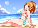  1girl aqua_bikini arm_support ass azure_striker_gunvolt back barefoot beach bikini blue_sky breasts brown_hair closed_mouth cloud cloudy_sky commentary cougar_(cougar1404) crossed_legs day from_side green_eyes halterneck horizon large_breasts leaning_back lens_flare long_hair looking_at_viewer monica_(gunvolt) ocean outdoors ponytail sitting sky smile sparkle swept_bangs swimsuit wet 