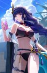  1girl absurdres bare_shoulders bikini black_bikini blue_sky blunt_bangs cloud commentary_request cowboy_shot cup day drinking_straw food genshin_impact ginlear highres holding holding_cup long_hair looking_at_viewer mouth_hold navel popsicle purple_eyes purple_hair raiden_shogun sky solo standing stomach swimsuit thigh_strap thighs very_long_hair 