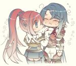  1boy 1girl alcryst_(fire_emblem) alear_(female)_(fire_emblem) alear_(fire_emblem) alternate_hairstyle ascot asymmetrical_hair blue_eyes blue_hair blush chibi closed_eyes fire_emblem fire_emblem_engage hair_ornament hairclip long_hair multicolored_hair ponytail red_hair short_hair simple_background skirt skt_s two-tone_hair white_ascot 