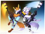  2023 absurd_res anthro arctic_fox blue_eyes blue_sclera canid canine clothed clothing digital_media_(artwork) duo epic_games fennix_(fortnite) fortnite fox fur hi_res jumpsuit knee_pads leo-wolf looking_at_another male mammal open_mouth orange_body orange_eyes orange_fur red_fox smile tail tongue tongue_out volpez_(fortnite) white_body white_fur yellow_sclera 