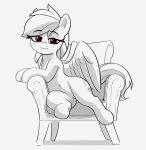  bedroom_eyes chair cutie_mark equid equine eyebrows eyelashes feathered_wings feathers female feral friendship_is_magic furniture greyscale hair hasbro hi_res looking_at_viewer mammal monochrome my_little_pony narrowed_eyes navel pabbley pegasus pink_eyes rainbow_dash_(mlp) seductive simple_background sitting smile solo tail wings 