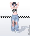  1girl alternate_costume armpits arms_behind_head artist_name blunt_bangs braid breasts colored_tips crossed_bangs denim full_body genshin_impact green_eyes highres jeans lips looking_at_viewer midriff multicolored_hair pants pendant_choker purple_hair shoes short_hair small_breasts sneakers solo standing torn_clothes torn_jeans torn_pants white_background yajuu_(tristan_maska) yelan_(genshin_impact) 