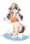  1girl arknights bare_arms bare_shoulders bikini black_hair blush breasts commentary_request fuyu_mika_(altarcitrus) grey_hair hair_between_eyes highres long_hair multicolored_hair navel open_mouth orange_bikini polka_dot polka_dot_bikini red_eyes sarong signature simple_background small_breasts snowsant_(arknights) solo swimsuit two-tone_hair wading water wet white_background 