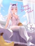  1girl aletta_sky animal_ears banana bow breasts cleavage food fruit grey_hair hair_bow hair_ornament hairclip highres horse_ears horse_girl horse_tail kat_(kattaeto) long_hair no_shoes pink_eyes production_kawaii sitting smile solo stuffed_toy tail thighhighs white_thighhighs 