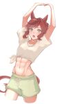 1girl abs alternate_costume alternate_hairstyle animal_ears ao_(jiyou) arms_up blush brown_eyes commentary_request cowboy_shot gaze_on_me!_outfit_(umamusume) green_shorts highres horse_ears horse_girl horse_tail medium_hair midriff multicolored_hair muscular muscular_female navel nice_nature_(umamusume) open_mouth ponytail red_hair shirt shorts simple_background solo streaked_hair tail tied_shirt umamusume white_background white_shirt 