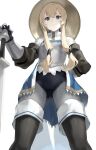  1girl arm_behind_back armor blonde_hair blue_eyes breastplate commentary_request from_below gauntlets golden_crown_guardian_(km_yama) hand_on_hilt helmet highres km_yama looking_at_viewer original shorts solo thighhighs wavy_mouth white_background 