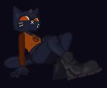  2022 anthro black_background black_body black_boots black_bottomwear black_clothing black_footwear black_fur black_pants boots bottomwear clothed clothing domestic_cat felid feline felis female footwear fur hair mae_borowski mammal night_in_the_woods orange_clothing orange_shirt orange_topwear pants red_eyes shirt simple_background sitting solo submarine_screw tail topwear whiskers 