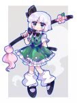  1girl black_footwear blue_eyes blush closed_mouth collared_shirt full_body green_skirt green_vest grey_hair hair_ribbon harunori_(hrnrx) highres hitodama holding holding_sword holding_weapon katana konpaku_youmu konpaku_youmu_(ghost) leg_warmers red_ribbon ribbon shirt shoes short_hair short_sleeves skirt socks solo sword touhou vest weapon white_shirt white_socks 