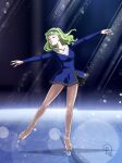 1girl blue_dress blue_hairband breasts commentary commission drachea_rannak dress english_commentary figure_skating full_body green_hair hairband highres ice_skates light medium_breasts original outstretched_arms pantyhose short_dress skates solo watermark 