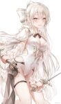  1girl a_maru blue_eyes bow breasts chain cleavage cloak covered_navel dual_wielding earrings fangs hair_bow holding holding_sword holding_weapon jewelry leotard original pointy_ears simple_background smile solo sword teeth weapon white_background white_bow white_cloak white_hair white_theme 