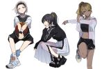  3girls alternate_costume ball basketball_(object) black_shorts black_sports_bra blush casual forehead highres idolmaster idolmaster_shiny_colors invisible_chair izumi_mei jacket long_hair mayuzumi_fuyuko messiah_go multiple_girls navel ponytail see-through see-through_jacket see-through_skirt serizawa_asahi shoes shorts simple_background sitting skirt sneakers sports_bra squatting straylight_(idolmaster) stretching white_background 