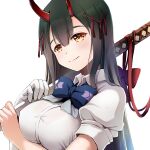  1girl azur_lane black_hair blush bow bowtie breasts cross_hair_ornament gloves hair_between_eyes hair_ornament holding holding_sword holding_weapon horns katana large_breasts long_hair looking_at_viewer nitchi oni_horns purple_bow purple_bowtie red_horns school_uniform sheath shirt simple_background single_glove smile solo suzuya_(azur_lane) sword weapon white_background white_gloves white_shirt yellow_eyes 