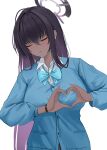  1girl absurdres black_hair blue_archive blue_bow blue_bowtie blue_sweater bow bowtie breasts closed_eyes closed_mouth collared_shirt facing_viewer halo heart heart_hands highres karin_(blue_archive) large_breasts long_hair long_sleeves school_uniform shirt smitcuk solo sweater upper_body very_long_hair white_background white_shirt 