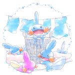  :d alternate_color closed_eyes clothes clothesline commentary_request highres laundry_basket looking_at_viewer lying mudkip no_humans open_mouth pokemon pokemon_(creature) samsung_(yuzuikka) shiny_pokemon sleeping smile tongue u_u 