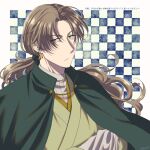  1boy :/ borrowed_character brown_hair cape checkered_background eyes_visible_through_hair green_cape green_eyes hair_tie long_hair male_focus original ponytail solo translation_request upper_body yuuzuki230 