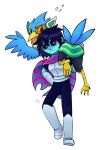  ambiguous_gender anthro armor avian berdly bird blue_body blue_feathers blue_skin blush carrying carrying_another carrying_over_shoulder deltarune duo feathers feralias hi_res human kris_(deltarune) male male/ambiguous mammal nerd scouter undertale_(series) 