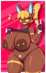  albasora_(artist) animal_crossing anthro areola big_breasts bottomwear breasts brown_areola brown_body clothed clothing clothing_lift devil_horns_(gesture) domestic_cat ear_piercing felid feline felis female fingerless_gloves gesture gloves handwear hi_res huge_breasts katt_(animal_crossing) mammal nintendo nipple_piercing nipples panties piercing shirt shirt_lift solo thick_thighs topwear underwear wide_hips yellow_eyes 