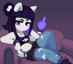  animal_ears belt black_hair black_shirt blush boots bracelet breasts cat_ears collar couch disembodied_limb dithered_background dithering ear_piercing furry furry_female hair_bun jewelry middle_finger minimilieu navel on_couch original piercing pixel_art purple_eyes shirt shorts sitting spiked_bracelet spikes stomach tail tank_top torn_clothes white_fur 