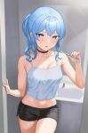  1girl absurdres bathroom black_choker black_shorts blue_eyes blue_hair blurry blurry_background breasts camisole choker collarbone diptip highres holding holding_toothbrush hololive hoshimachi_suisei midriff navel parted_lips shorts side_ponytail small_breasts solo star_(symbol) star_in_eye stomach symbol_in_eye toothbrush 
