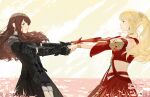  2girls avatar_(ff14) bangs black_gloves blonde_hair blue_eyes bracelet brown_hair detached_sleeves earrings final_fantasy final_fantasy_xiv fingerless_gloves gloves holding_hands hyur jewelry long_hair lyra-kotto lyse_hext midriff multiple_girls open_mouth ponytail shorts smile 