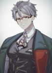  1boy arurandeisu ascot black_vest breast_pocket buttons collared_shirt curtained_hair green_eyes green_jacket grey_ascot grey_hair grin hair_between_eyes highres holostars jacket jacket_on_shoulders looking_at_viewer male_focus momiage_40 official_alternate_costume pectorals pocket pocket_watch red-framed_eyewear shirt short_hair simple_background smile solo star_button upper_body vest virtual_youtuber watch white_background white_shirt 