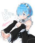  1girl blue_eyes blue_hair blush detached_sleeves exercise eyes_visible_through_hair flexible hair_ornament hair_over_one_eye hair_ribbon maid maid_headdress mameroku pink_ribbon re:zero_kara_hajimeru_isekai_seikatsu rem_(re:zero) ribbon ribbon-trimmed_clothes ribbon_trim roswaal_mansion_maid_uniform short_hair solo stretching x_hair_ornament 