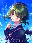  1boy blue_shirt blue_sky blush cloud cloudy_sky green_eyes green_hair highres male_focus minami_(wadanohara) ocean oounabara_to_wadanohara open_mouth pointing pointing_at_self sailor_collar shirt sky smile solo sweetmeloday white_shirt 