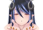  1girl black_hair blue_hair blush brown_eyes brown_nails commentary_request curled_horns dc24v demon_girl demon_horns dot_nose earrings fingernails grey_horns hair_between_eyes hands_up hebiyoi_tier highres horns jewelry long_bangs long_hair looking_at_viewer multicolored_hair nanashi_inc. open_mouth pointy_ears portrait reaching reaching_towards_viewer sidelocks simple_background solo two-tone_hair virtual_youtuber white_background 