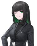  1girl absurdres allmind_(armored_core_6) armored_core armored_core_6 black_hair black_jacket black_shirt black_suit breasts cleavage colored_inner_hair earpiece green_eyes green_hair highres jacket jsli48763 lanyard long_hair looking_at_viewer multicolored_hair one_eye_closed personification shirt solo suit white_background 
