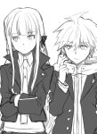  1boy 1girl ahoge blunt_bangs collared_shirt crossed_arms danganronpa:_trigger_happy_havoc danganronpa_(series) greyscale hair_ribbon hand_up highres hood hood_down jacket karen_(karenendo) kirigiri_kyoko long_hair monochrome naegi_makoto necktie open_clothes open_jacket ribbon shirt short_hair sweatdrop 