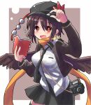 +_+ 1girl black_headwear black_skirt black_thighhighs breasts brown_hair brown_jacket brown_wings cabbie_hat camera collared_shirt commentary_request feathered_wings hat highres holding holding_pen jacket kuromu_(underporno) long_sleeves loose_necktie medium_breasts necktie notebook open_clothes open_jacket open_mouth pen pom_pom_(clothes) red_eyes scarf shameimaru_aya shirt short_hair skirt solo thighhighs touhou translation_request white_shirt wings yellow_scarf zettai_ryouiki 
