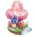  1girl :3 animal_crossing artist_name black_eyes blue_hair blush blush_stickers book cat_girl cherry_blossoms closed_mouth commentary dandelion dress english_commentary falling_petals faux_figurine flower furry furry_female grass holding holding_book hyacinth lunchbox open_book pawpads petals petals_on_liquid pink_dress pink_flower plant reading reflection reflective_water rosie_(animal_crossing) simple_background sitting sleeveless sleeveless_dress smile solo spring_(season) syertse tree water waterfall white_background yellow_flower 