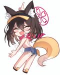  1girl animal_ear_fluff animal_ears bikini blue_archive blush breasts chibi closed_eyes denim denim_shorts facing_viewer fang fox_ears fox_girl fox_tail full_body hair_between_eyes halo hat index_finger_raised izuna_(blue_archive) izuna_(swimsuit)_(blue_archive) nidaime_(doronbo) open_mouth pink_scarf sample_watermark sandals scarf short_shorts shorts simple_background skin_fang solo swimsuit tail white_background 