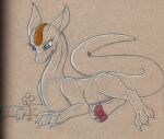  2014 claws dragon female feral flower guide_lines head_ridge looking_at_object looking_down lying on_front pawpads plant quadruped simple_background sogaroth solo tapering_tail wingless_dragon 