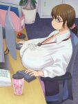  1girl blue_carpet blue_eyes breast_rest breasts breasts_on_table brown_hair carpet chair closed_mouth commentary_request cup cupboard desk from_side glasses hair_between_eyes highres huge_breasts id_card indoors katou_(katohayabusa) keyboard_(computer) lanyard long_sleeves looking_at_screen monitor mouse_(computer) office_chair office_lady original phone pink_scrunchie plant ponytail potted_plant red-framed_eyewear scrunchie shadow shirt sidelocks sitting solo swivel_chair tareme trackball upper_body white_shirt wing_collar 