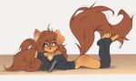  absurd_res anthro apogee_(tinygaypirate) bottomless braless brown_eyes brown_hair butt canid canine canis clothed clothing domestic_dog ear_flop ear_piercing female hair hi_res leg_warmers legs_up legwear long_hair long_tail looking_aside lying mammal no_bra_under_clothes no_underwear on_front pantiless partially_clothed piercing solo tail tattoo tinygaypirate topwear 