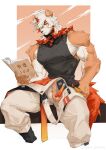  1boy absurdres alternate_pectoral_size animal_ears arknights baggy_pants bara bare_arms belt book brown_fur bulge clothes_lift cropped_legs dog_boy dog_ears fluffy furry furry_male hair_over_one_eye highres holding holding_book horns hung_(arknights) large_pectorals looking_at_viewer male_focus medium_hair mjj_mianbao multicolored_hair muscular muscular_male open_belt orange_eyes orange_hair pants pectorals pelvic_curtain pelvic_curtain_lift seductive_smile shirt sidepec single_horn sitting sleeveless sleeveless_shirt smile solo spread_legs streaked_hair thick_eyebrows thick_thighs thighs two-tone_fur white_fur 