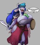  2019 anthro armor big_breasts blue_hair bovid bovine breast_vore breasts cattle clothed clothing dialogue digital_media_(artwork) duo english_text female female_pred fur hair hi_res holding_object holding_weapon huge_breasts hyper male mammal melee_weapon nipples open_mouth robomax shield simple_background stardeert sword terry_bigtime text thick_thighs vore weapon wide_hips 