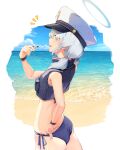 1girl ass beach bikini blue_archive blue_bikini blue_halo breasts commentary cowboy_shot flak_jacket from_side halo hat highres holding holding_whistle jacket long_hair looking_at_viewer looking_to_the_side ocean official_alternate_costume parted_lips peaked_cap petite piisu side-tie_bikini_bottom small_breasts solo swimsuit twintails valkyrie_police_academy_student_(blue_archive) whistle whistle_around_neck white_hair white_headwear yellow_eyes 