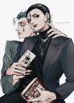  2boys artist_name black_eyes black_hair black_nails black_suit blood blood_on_face blue_hair blue_suit book card chrollo_lucilfer cross cross_necklace cross_tattoo earrings expressionless facepaint facial_mark facial_tattoo forehead_mark forehead_tattoo formal hair_slicked_back highres hisoka_morow holding holding_book hunter_x_hunter inverted_cross jewelry joker_(card) long_sleeves looking_at_viewer looking_to_the_side male_focus multiple_boys nail_polish necklace nen_(hunter_x_hunter) playing_card profile red_nails short_hair simple_background striped_suit suit tattoo teardrop_facial_mark teardrop_tattoo white_background wosara yellow_eyes 